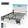 thumbnail image 1 of Wood Queen Bed Frame with Headboard & Storage Shelf, Holaki Farmhouse Queen Size Platform Bed Frame with Charging Station & LED Lights, No Box Spring Needed, Easy Assembly, White, 1 of 10
