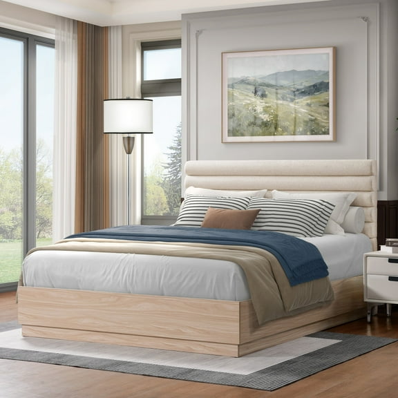 Wood Queen Bed Frame with Boucle Fabric Upholstered Headboard,Queen Size Bed Frame with Silent Slats Design,85.43"x63.39"x45.28",Taupe+Natural