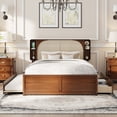 thumbnail image 1 of Wood Queen Bed Frame with Trundle and 2 Drawers, Platform Bed with Rattan Headboard, No Box Spring Needed, Walnut, 1 of 9