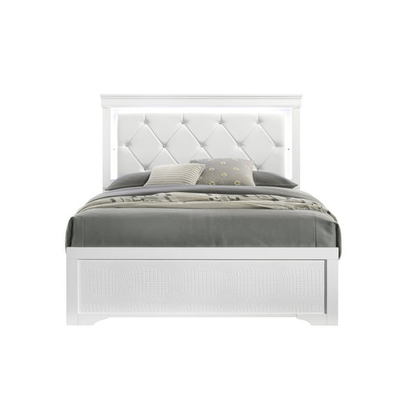 Wood Queen Bed With Elegant Upholstered Headpiece & Led Adjustable Headboard Base