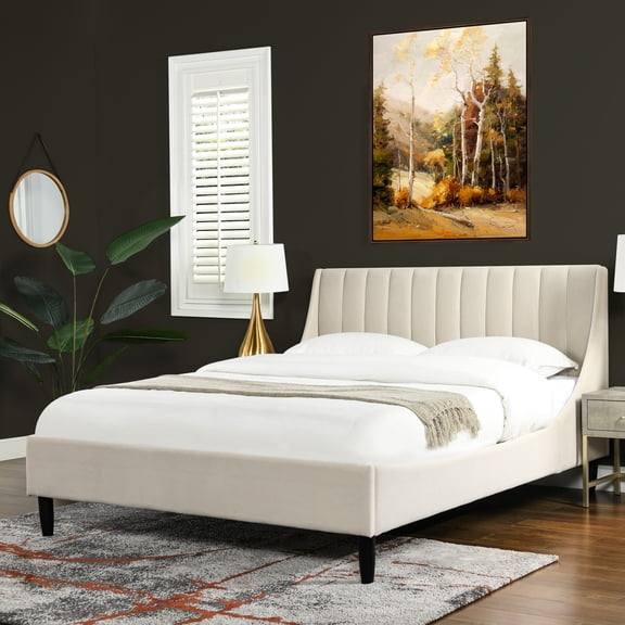 Wood Queen Bed With Headboard In French Beige Velvet Platform Solid Construction And Tufting