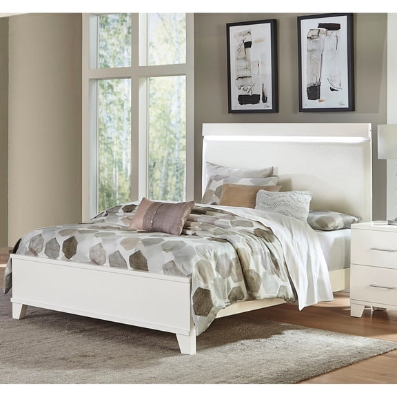 Wood Queen Bed With White Gloss Finish And Faux Leather Headboard Led Enhancement Lighted Glossy