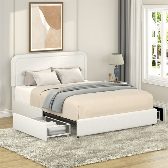 Wood Queen Size Bed Frame, Boucle Upholstered Platform Bed Frame with Headboard and 2 Drawers, Soft Rounded Corners, Noise Free, Easy Assembly, Ivory