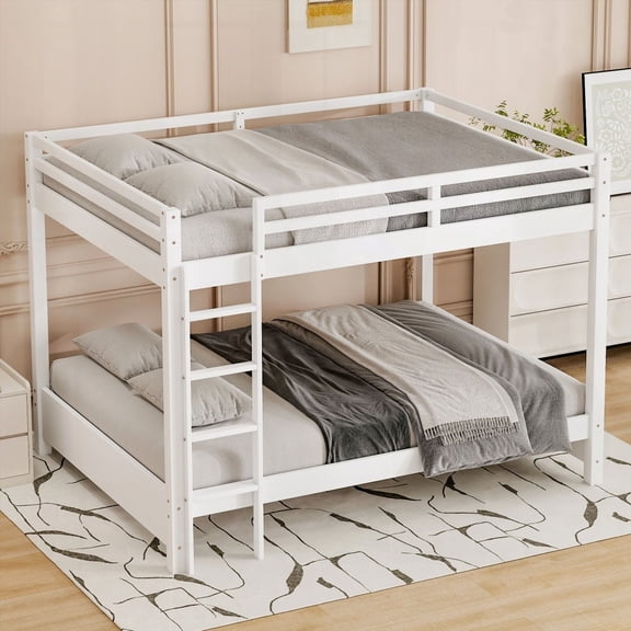 Wood Queen Size Bunk Bed with Ladder, Sturdy and Durable