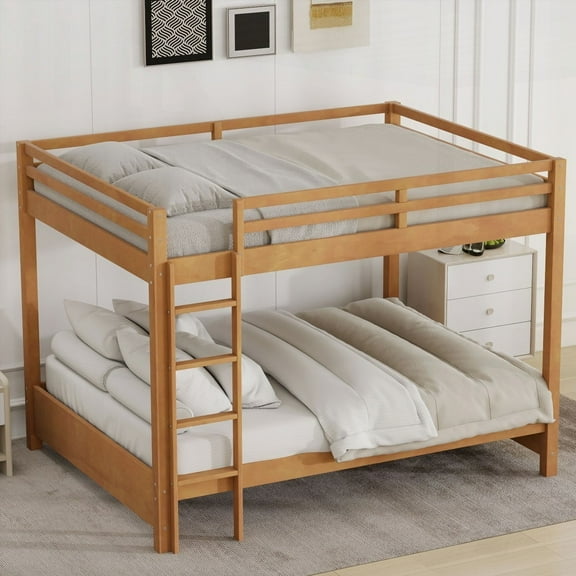 Queen Size Solid Wood Platform Bed with Ladder, Wood Color, No Box Spring, Bedroom