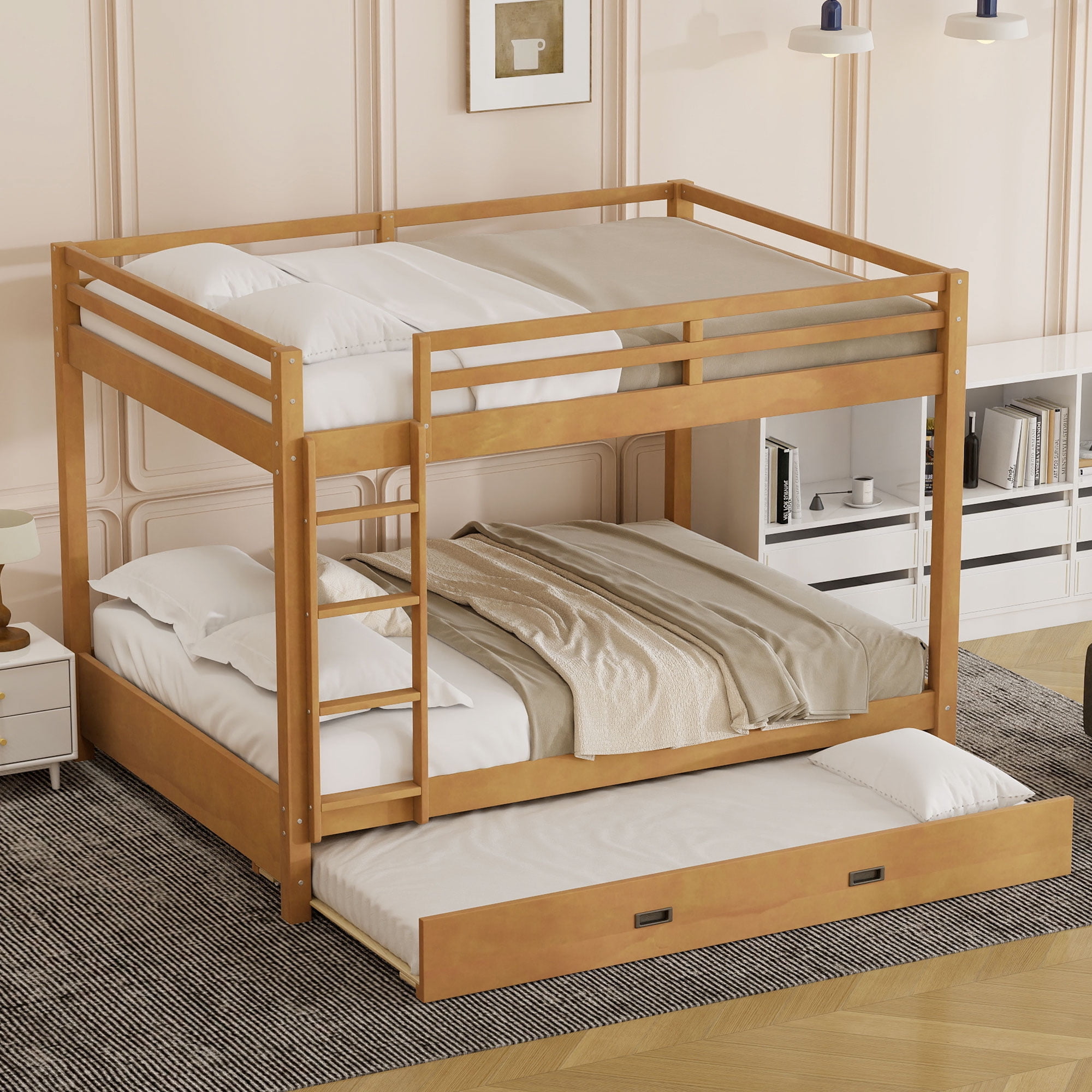 Wood Queen Size Bunk Bed with Ladder and Trundle, Wood Color - Walmart.com