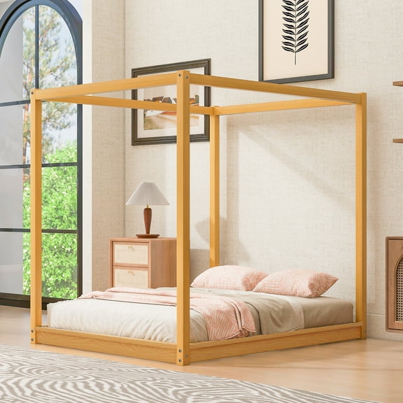 Wood Queen Size Canopy Platform Bed with Support Frame for Bedroom, Natural