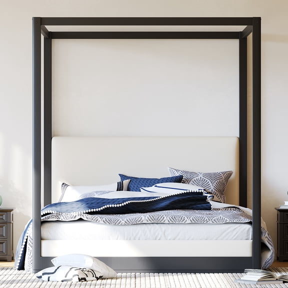 Wood Queen Size Canopy Platform Bed with Upholstered Headboard, Black Frame + White Fabric, 4-Poster Design, No Box Spring Needed, for Bedroom