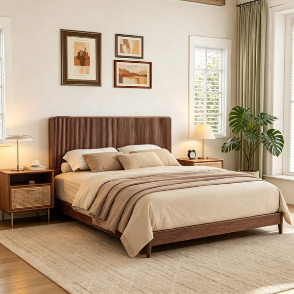 Wood Queen Size Headboard, Wooden Queen Headboard Only with 2 Outlets and USB & Type-C Port, Simple Setup, Modern Farmhouse, Walnut Wall Mounted