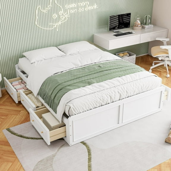 [Luckynote]Wood Queen Size Platform Bed Frame with 6 Drawers, White