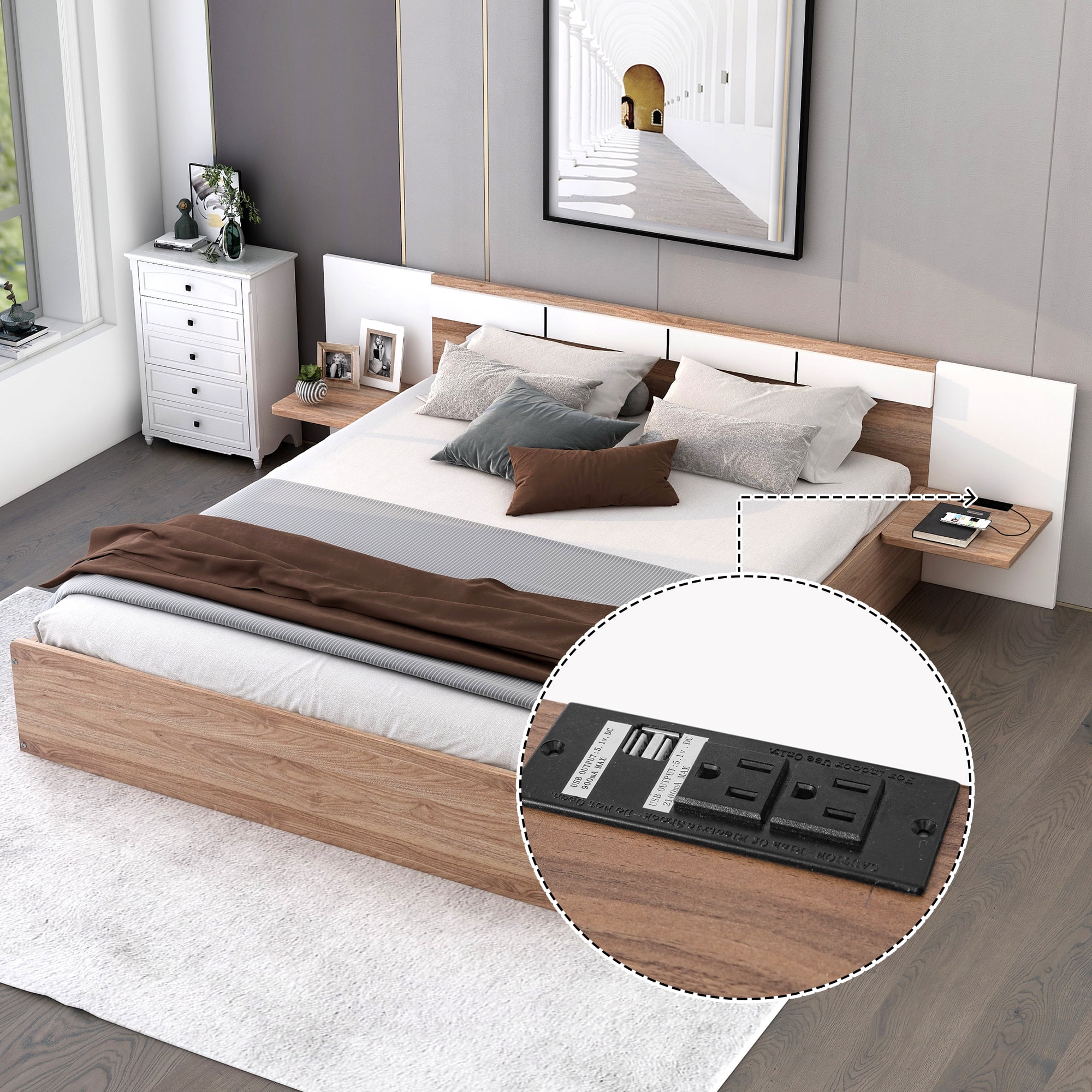Wood Queen Size Platform Bed with Oversized Headboard Built in Nightstand USB Ports and Sockets Queen Bed Frame with Storage Drawers for Bedroom