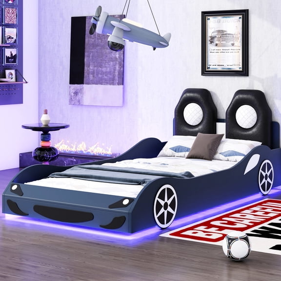 Wood Race Car Twin Bed with LED and Comfortable Backrest / Ideal for Bedroom Relaxation