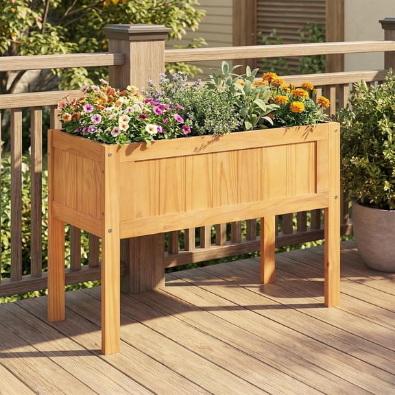Wood Raised Garden Bed, Elevated Planter Box with Bed Liner & Drainage Holes for Vegetables Flowers Herbs, 35" x 16" x 24" Outdoor Growing Box with Legs for Backyard, Patio & Balcony