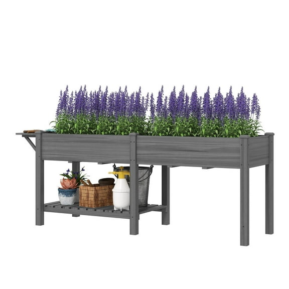 Wood Raised Garden Box, Elevated Garden Bed with Table & Shelf, Gray - Outdoor Planter