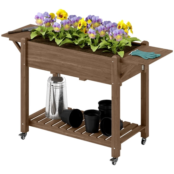 Wood Raised Planter Box, Elevated Garden Bed with Lockable Wheels, Side Tables, Bottom Shelf, Drain Holes, Carbonized