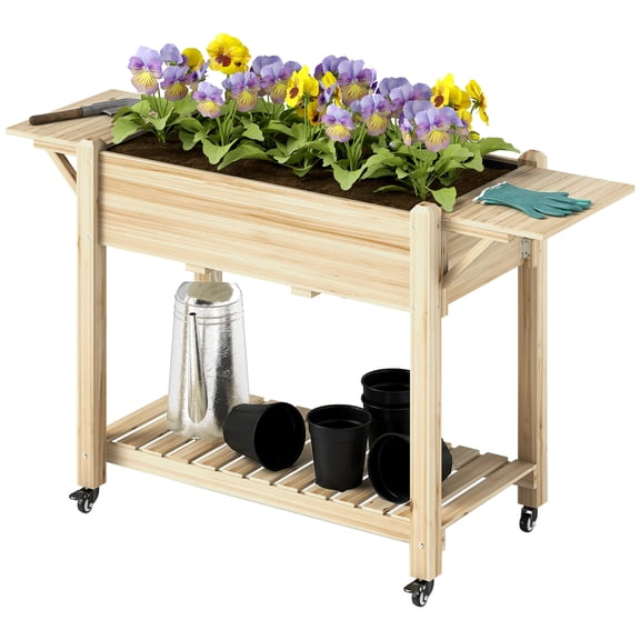Wood Raised Planter Box, Elevated Garden Bed with Lockable Wheels, Side Tables, Bottom Shelf, Drain Holes, Natural