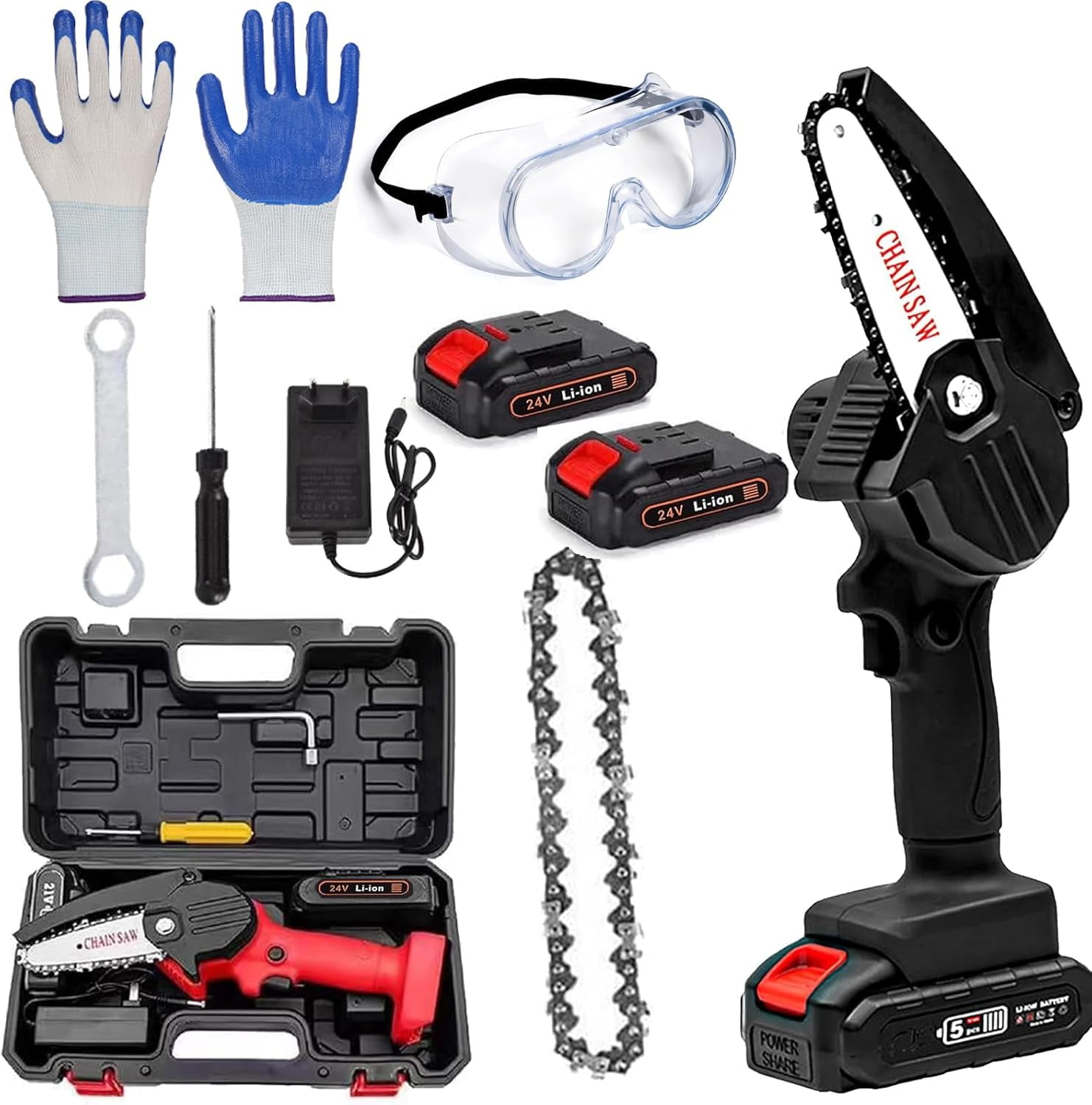 Wood Ranger Mini Chainsaw, Woodranger Mini Chainsaw Cordless, Portable Mini Chain Saw Battery Powered, Handheld Electric Chain Saw, for Wood/Trees Trimming (Black-2 Battery)