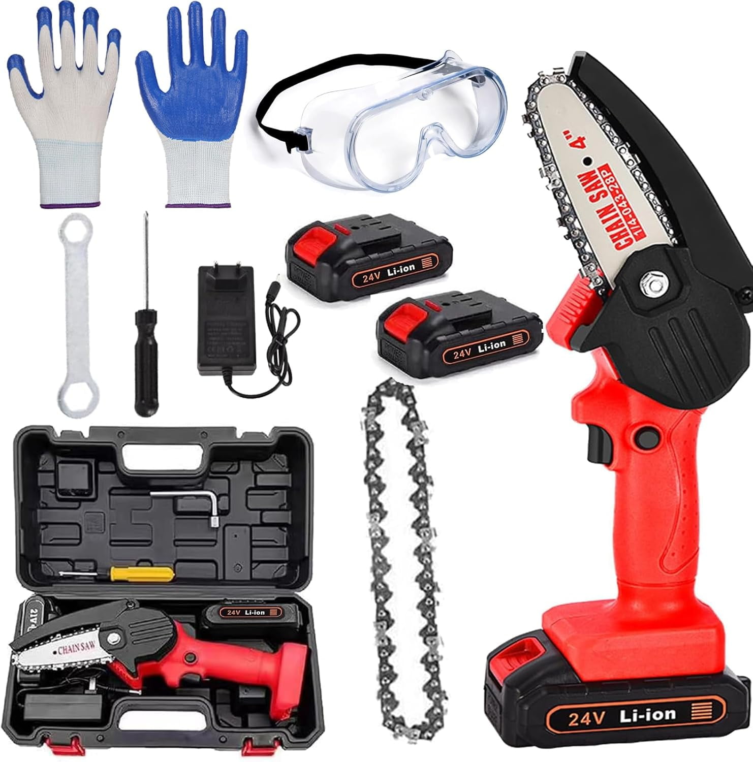 Wood Ranger Mini Chainsaw, Woodranger Mini Chainsaw Cordless, Portable Mini Chain Saw Battery Powered, Handheld Electric Chain Saw, for Wood/Trees Trimming (Red-2 Battery)