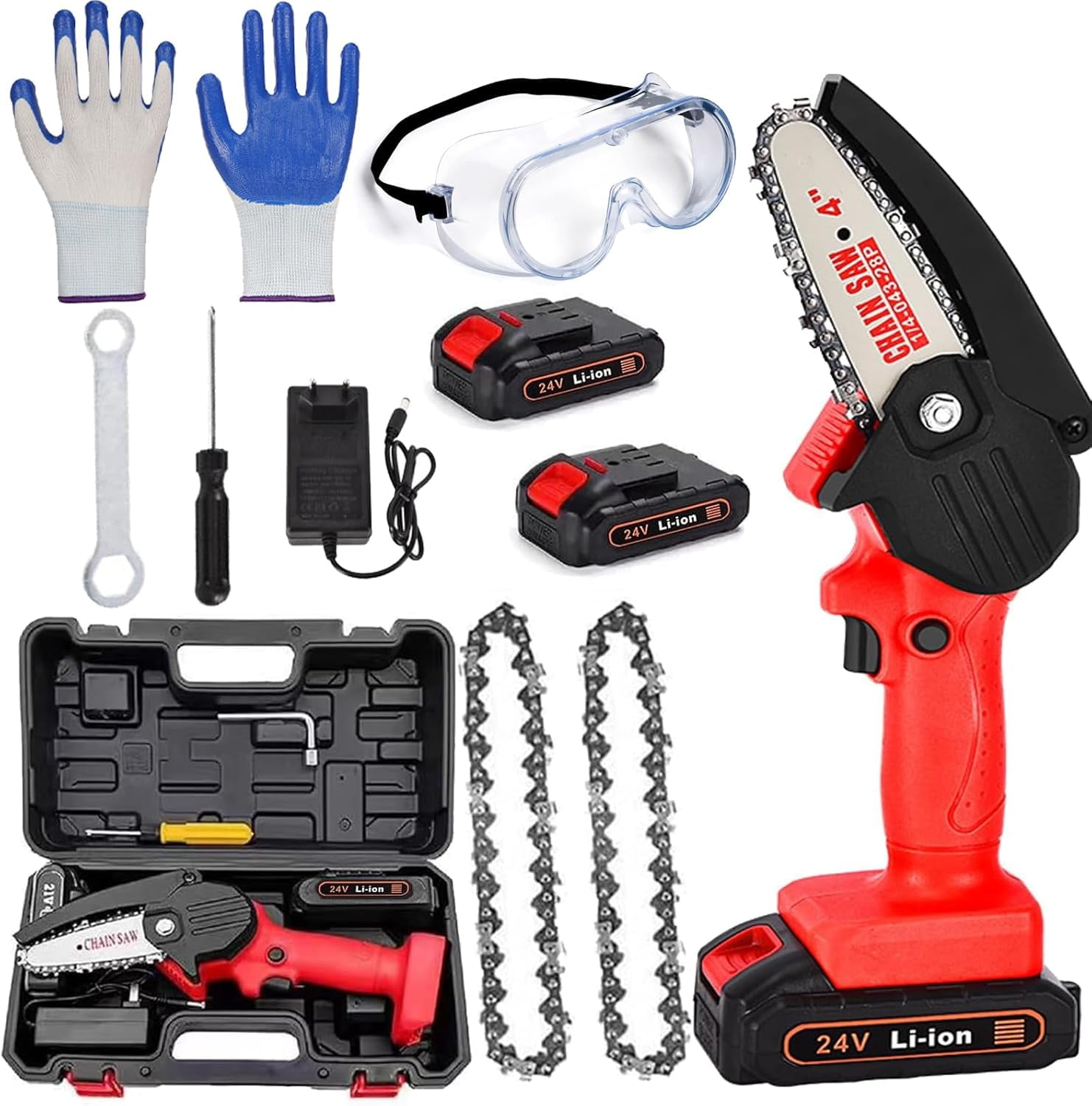 Wood Ranger Mini Chainsaw, Woodranger Mini Chainsaw Cordless, Portable Mini Chain Saw Battery Powered, Handheld Electric Chain Saw, for Wood/Trees Trimming (Red-2 Battery+2Chain)