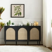Wood Rattan Arch 3 Doors Cabinet 56" Wide Storage Sideboard Credenza TV Stand Dining Metal Legs Home Furniture Living Room Black