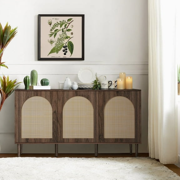 Wood Rattan Arch 3 Doors Storage Credenza Sideboard Buffet Cabinet with Adjustable Shelves Walnut