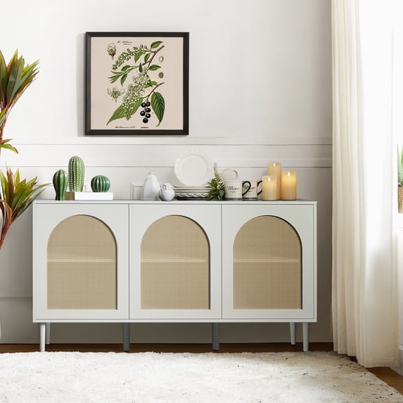 Wood Rattan Arch 3 Doors Storage Credenza Sideboard Buffet Cabinet with Adjustable Shelves White
