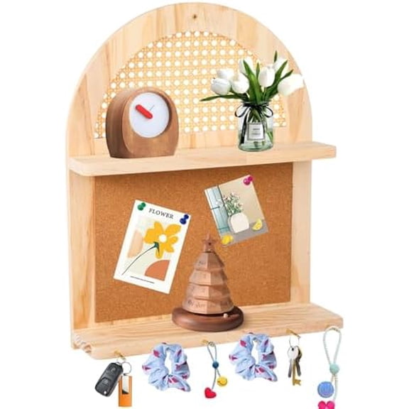 Wood Rattan Wall Shelf, Boho Wall-Mounted Rack with Pin Board, 2-Tier Rustic Farmhouse Storage Shelf with Hooks, Decorative Arch Floating Shelf, Space-Saving Wicker Display Shelf