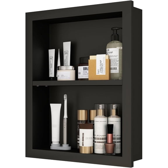 Wood Recessed Wall Niche Cabinet, Wooden Medicine Cabinet with Adjustable Shelves, Built-in Wall Storage Organizer for Bathroom, Living Room, Bedroom or Hallways (Black, 18" L x 14" W)