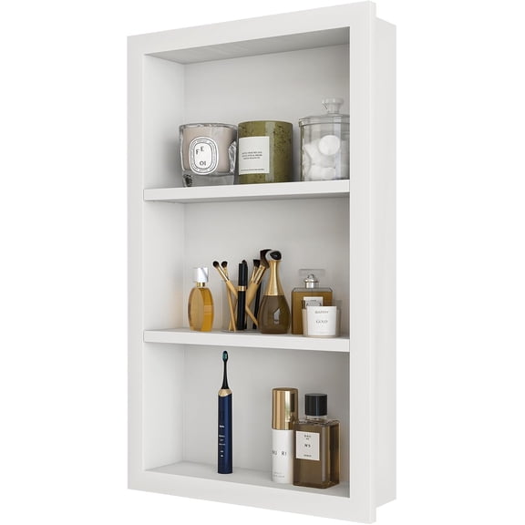 Wood Recessed Wall Niche Cabinet, Wooden Medicine Cabinet with Adjustable Shelves, Built-in Wall Storage Organizer for Bathroom, Living Room, Bedroom or Hallways (White, 24" L x 14" W)