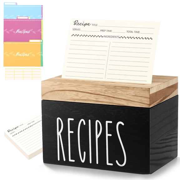 Wood Recipe Box with 50 Cards Wood Recipe Card Box with Lid 6 Dividers for Kitchen Countertop Cabinet Shelf