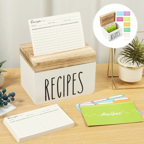 Wood Recipe Box with 50 Cards Wood Recipe Card Box with Lid 6 Dividers for Kitchen Countertop