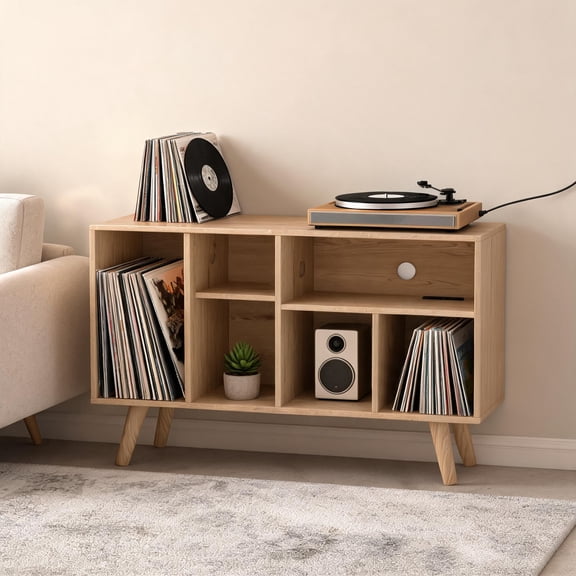 Wood Record Player Stand with Vinyl Storage, Holds 350 Albums, Turntable Table with Charging Station, Mid Century Media Console for Living Room Bedroom Office