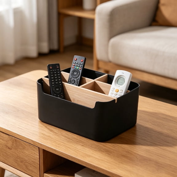 Wood Remote Control Holder, TV Remote Holder - 5 cosmetic Remote Control Storage Basket Organizer, Small Wooden Desktop Caddy for Coffee Table, Nightstand, Living Room, Office, Vanity