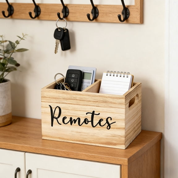 Wood Remote Control Organizer Box 2-Compartment Desk Holder | Sturdy Wood Storage for Remotes, Pens, Office Supplies | Beige | 16x10x10 cm, Portable Handle, Multi-Purpose Desktop Caddy