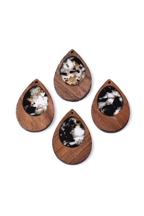 Wood Resin Pendant with Gold Foil Teardrop Charms Black 38x25.5x3mm Hole: 2mm