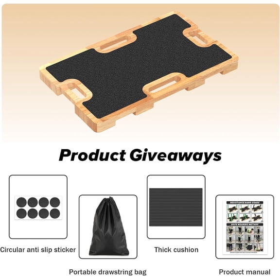 Wood Resistance Band Foot Plate Non-Slip Exercise Board with Soft Pad & Drawstring Bag for Strength Training Stretching Home Gym Fitness Platform Full-Body Exercises