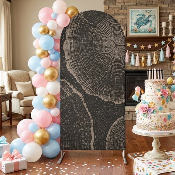 Wood Ring Arch Backdrop Covers 4 FT, Rustic Vintage Tree Section Brown Organic Texture Stretchy Fitted Arched Stand Covers Party Arch Stand Cover Photo Booth for Wedding Birthday Decor
