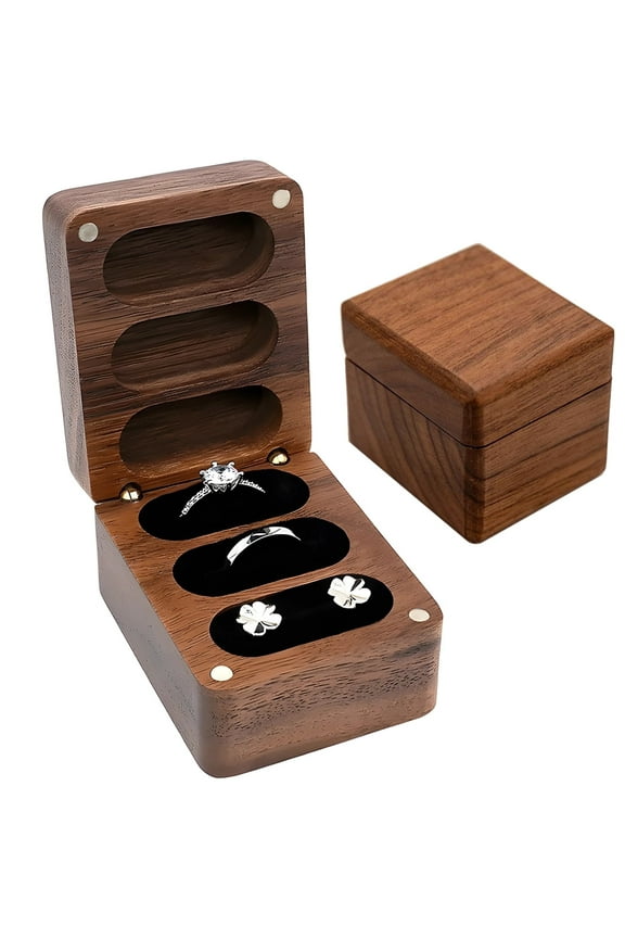 3 Slot Walnut Engagement Ring Box, Personalized Jewelry Box with Adhesive Closure, Compact Ring Box for Weddings and Anniversaries