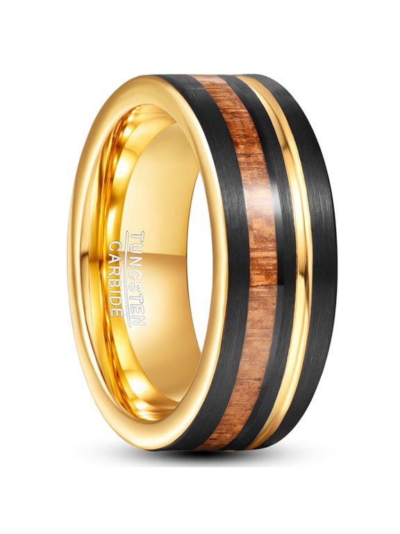 Wood Ring with Gold Groove Black Wedding Band Tungsten Brushed Finish Rings