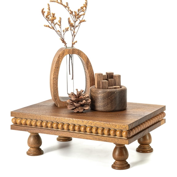 Wood Riser with Beaded: Pedestal Stand for Rustic Home Decor