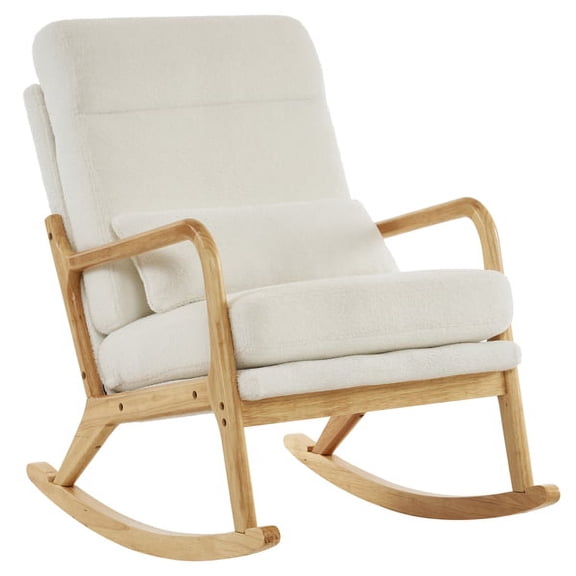Wood Rocking Chair with Lumbar Pillow, High Back Chair Rocker with Teddy Cushion, Leisure Relax Single Chair with Armrest for Indoor Outdoor Patio Backyard Porch, Off-White