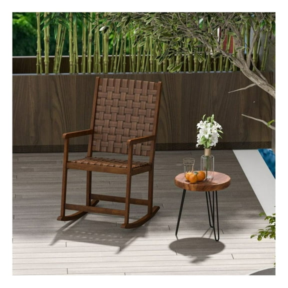 Wood Rocking Chair Patio with PU Seat, Rubber Wood Frame - 31.5" x 22" x 42", 220lbs Capacity - Indoor/Outdoor Rocker for Living Room, Balcony, Backyard