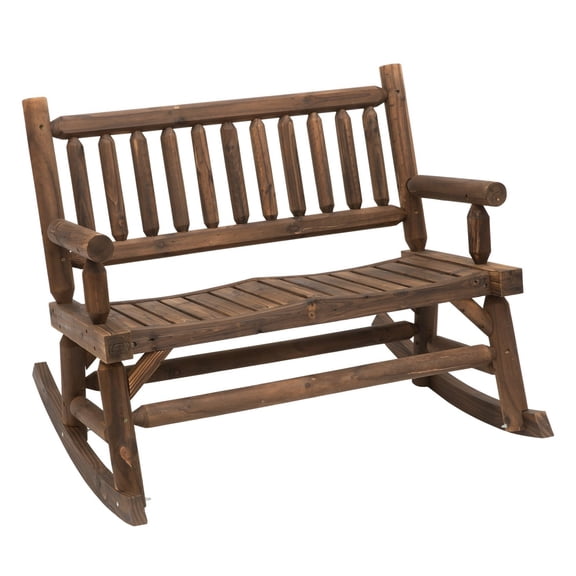 Wood Rocking Chair for 2 People, Outdoor Loveseat Rocker, Fir Wood Patio Bench, Walnut Finish, Heavy Duty Garden Rocker