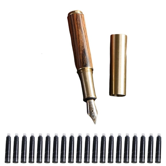 Wood Rod Fountain Pen with Brass Cap and 20 Ink Cartridges for Daily Writing
