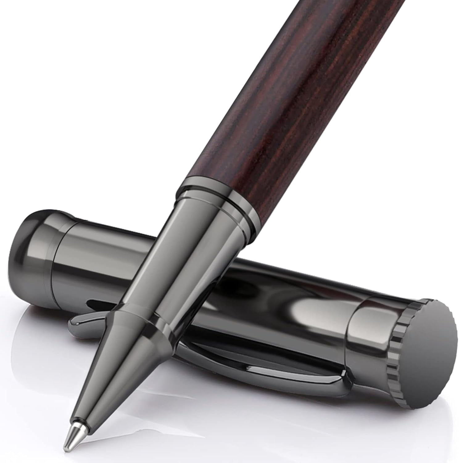 Wood Rollerball Pen Set, Extra 2 Ink Refills(1 Black & 1 Blue), Fancy Writing Pen Nice Luxury Office Gift for Men, Professional, Executive, Cool Wooden Pen for Journaling - Blackwood