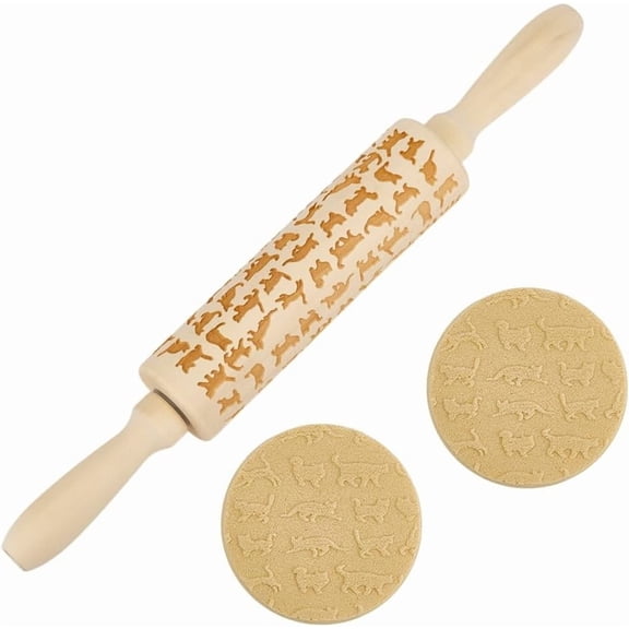 Wood Rolling Pin Dough Roller for Baking Embossed Cookies Kitchen Tool Cat Shape 340x43mm diy
