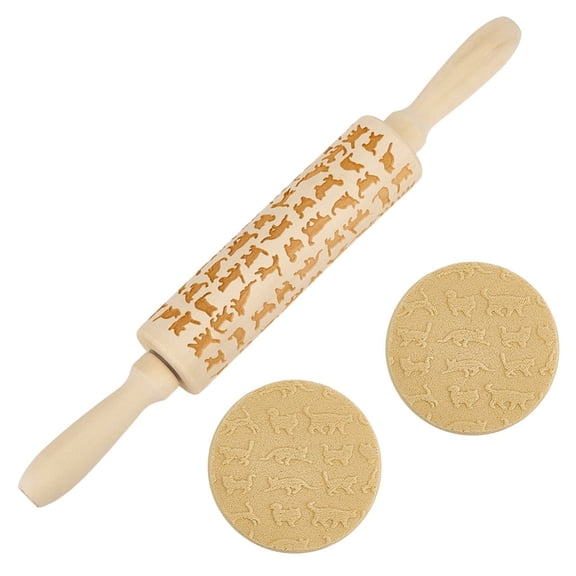 Wood Rolling Pin Dough Roller for Baking Embossed Cookies Kitchen Tool Cat Shape 340x43mm