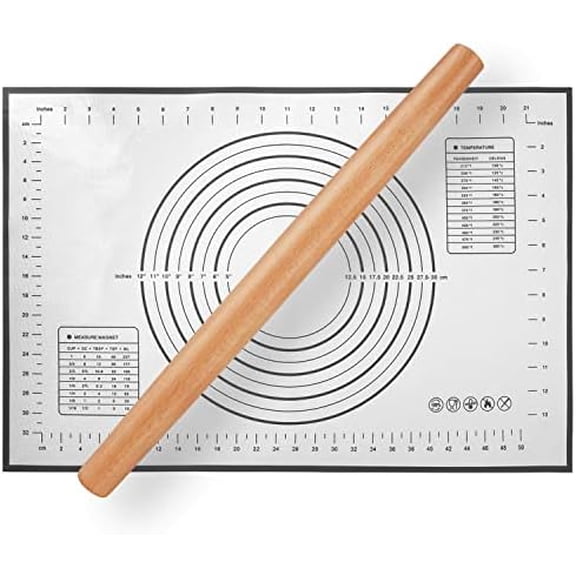 Wood Rolling Pin,  Wood French Roller Pin with Silicone Baking Mat, Beech Wood Dough Roller for Baking Dough, Pizza, Pie, Pastries, Pasta and Cookies