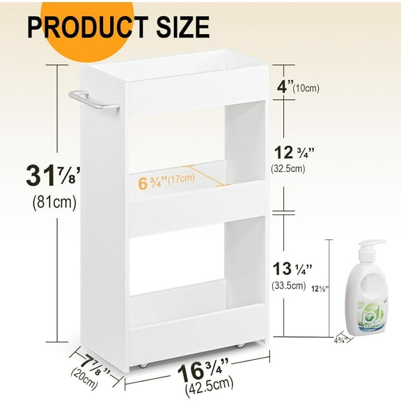 Wood Rolling Storage Cart 7.9" W, 3 Tier White Slim Utility Kitchen Cart on Wheels Laundry Room Bathroom Organizers Narrow Shelves with Handle Mobile Shelving Unit for Small Places