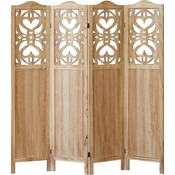 Wood Room Divider 4 Panel 5.6Ft Carved Room Divider and Folding Privacy Screen, Minimalism Portable Partition Screen Divider for Room Separation, Room Decoration for Home Office - Natural